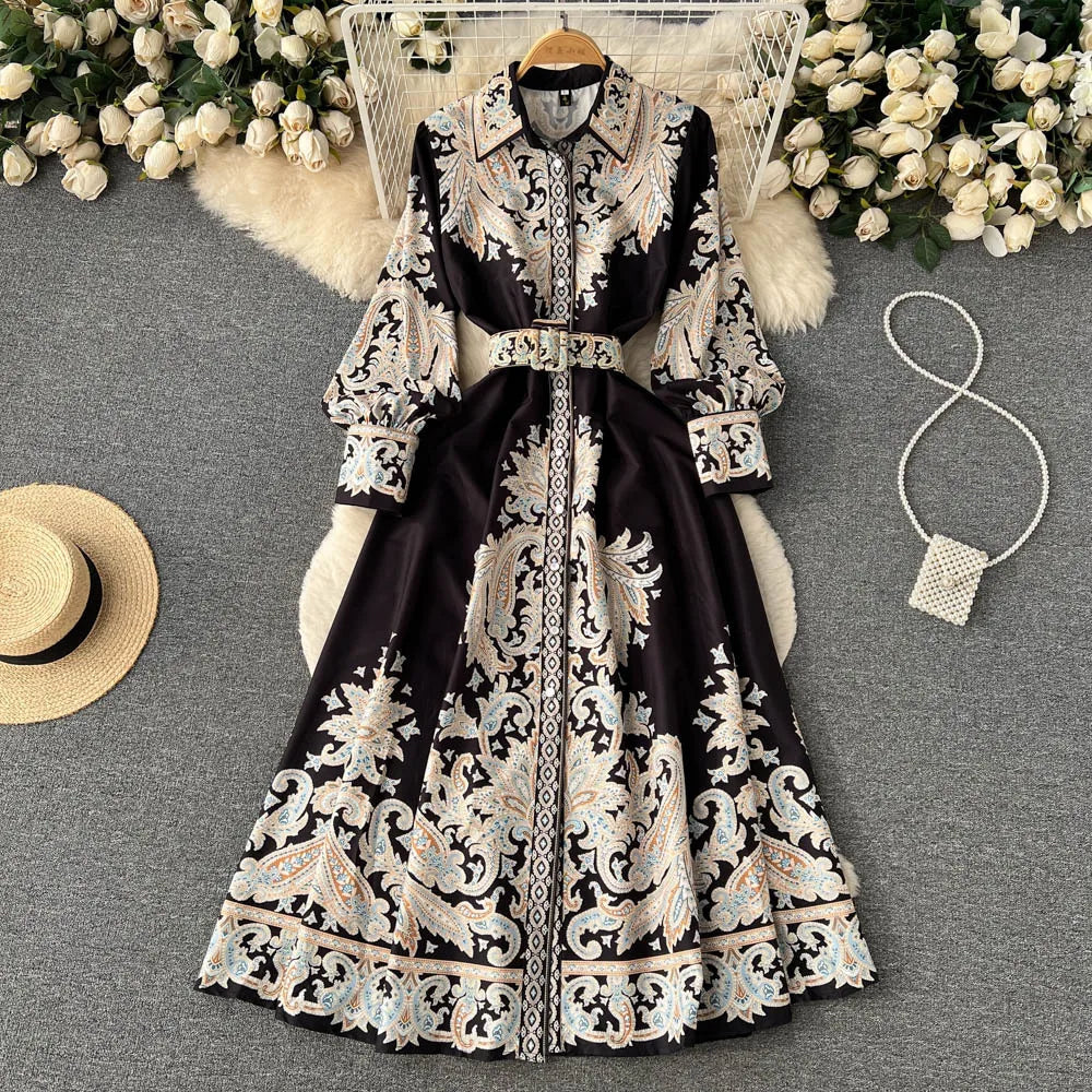 Victoria Robe Maxi Femme Imprimé Cachemire avec Ceinture et Col Élégant Chic