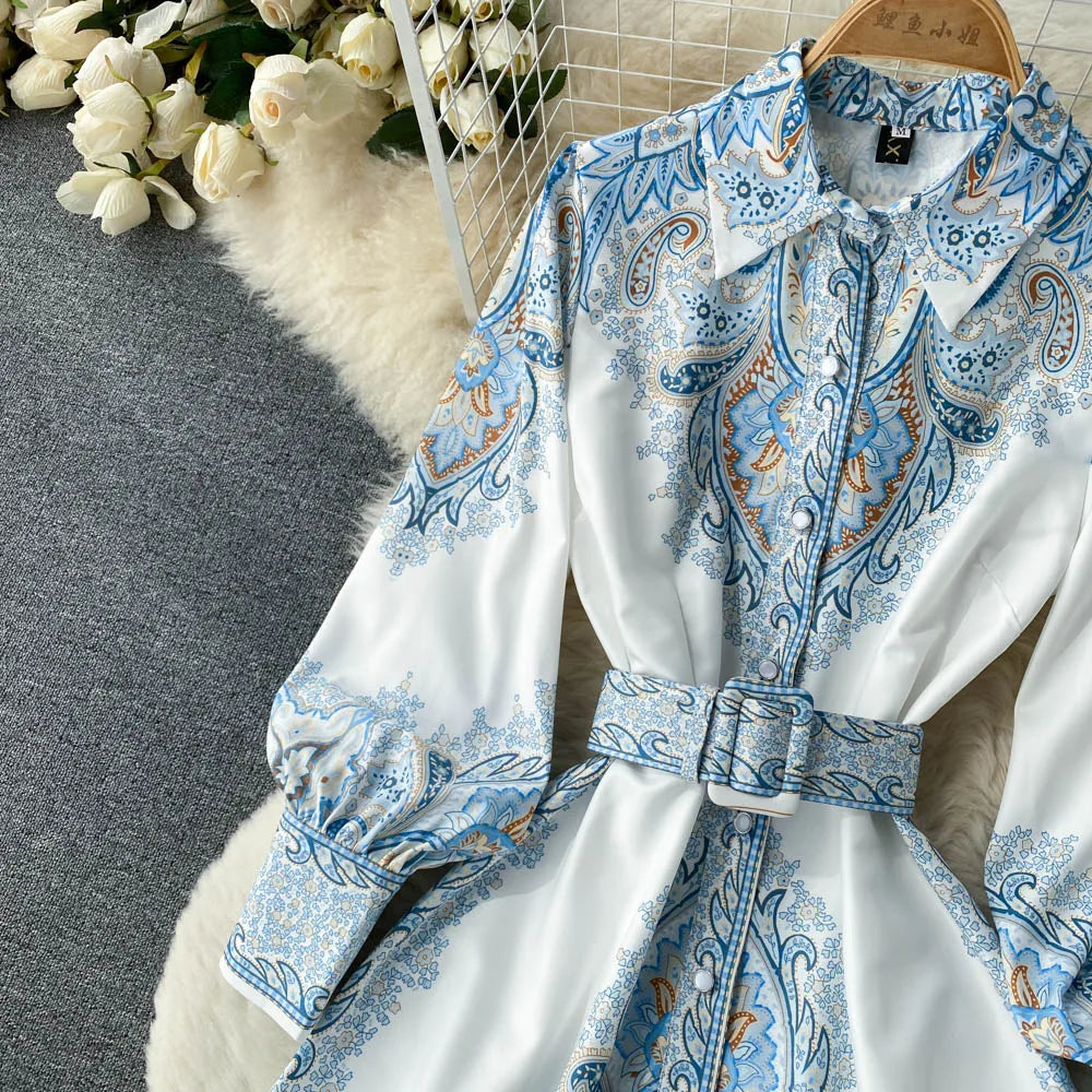 Victoria Robe Maxi Femme Imprimé Cachemire avec Ceinture et Col Élégant Chic