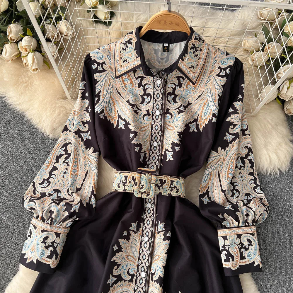 Victoria Robe Maxi Femme Imprimé Cachemire avec Ceinture et Col Élégant Chic
