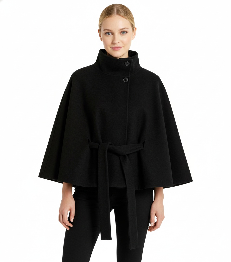 Solène Cape Femme – Cape en Laine Mélangée avec Col Montant et Ceinture Élégante