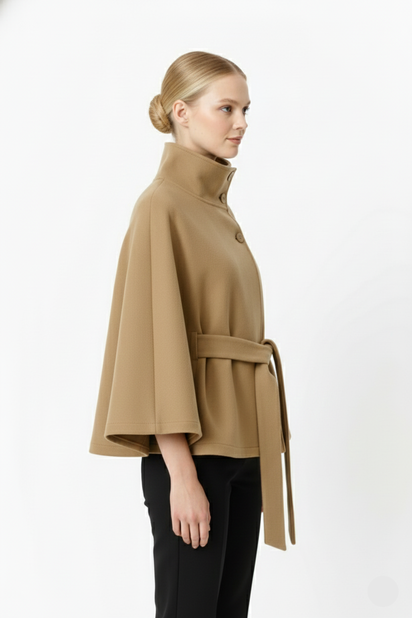 Solène Cape Femme – Cape en Laine Mélangée avec Col Montant et Ceinture Élégante