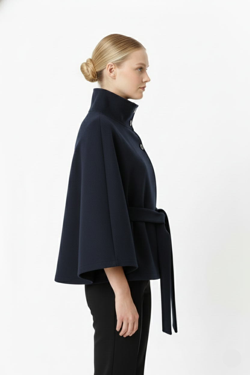 Solène Cape Femme – Cape en Laine Mélangée avec Col Montant et Ceinture Élégante