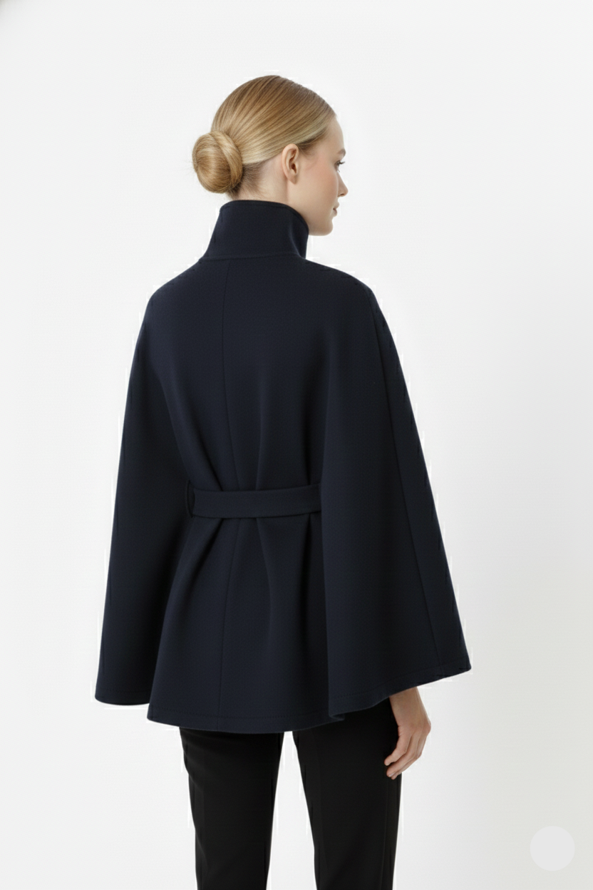 Solène Cape Femme – Cape en Laine Mélangée avec Col Montant et Ceinture Élégante