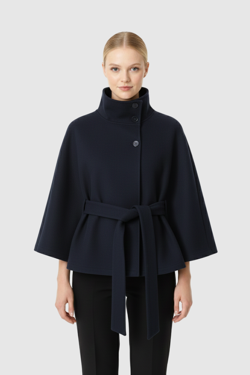 Solène Cape Femme – Cape en Laine Mélangée avec Col Montant et Ceinture Élégante