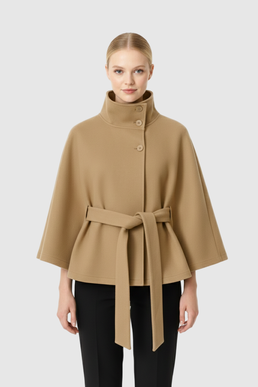 Solène Cape Femme – Cape en Laine Mélangée avec Col Montant et Ceinture Élégante