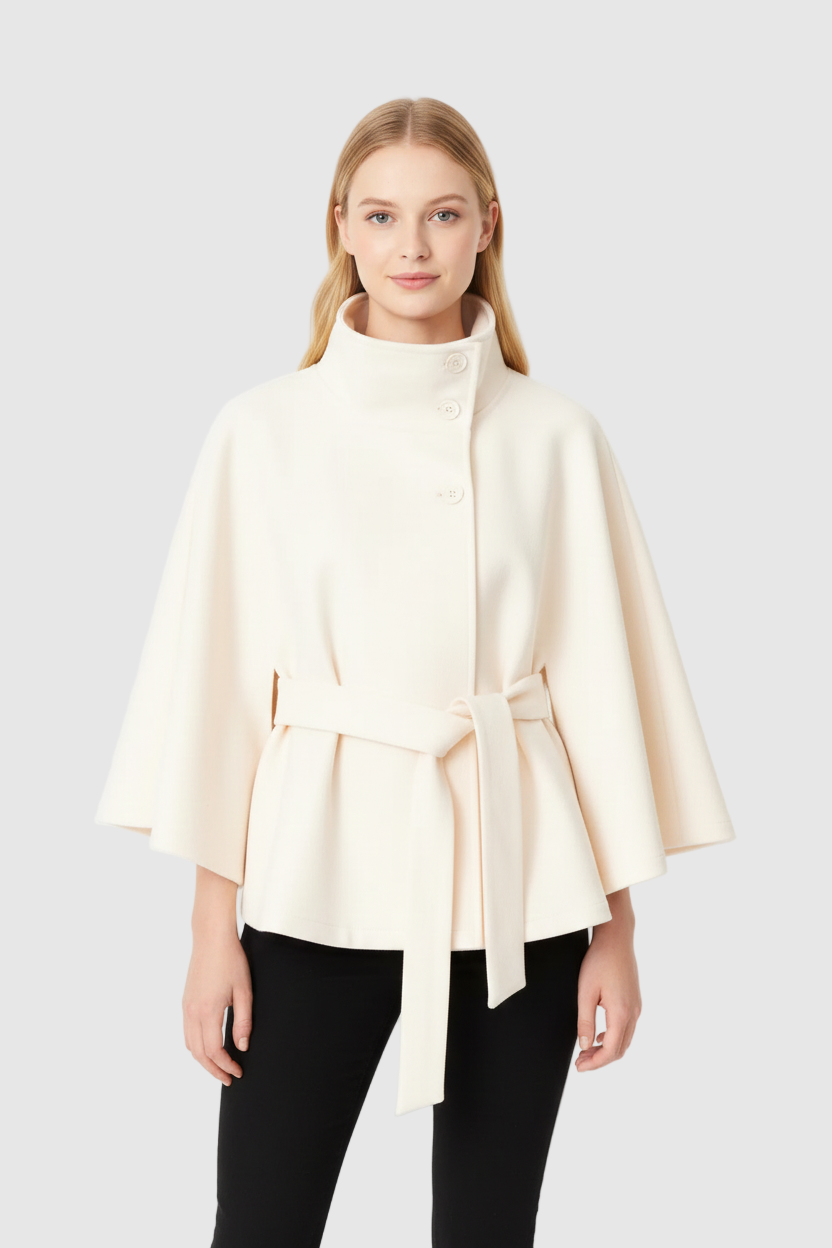 Solène Cape Femme – Cape en Laine Mélangée avec Col Montant et Ceinture Élégante
