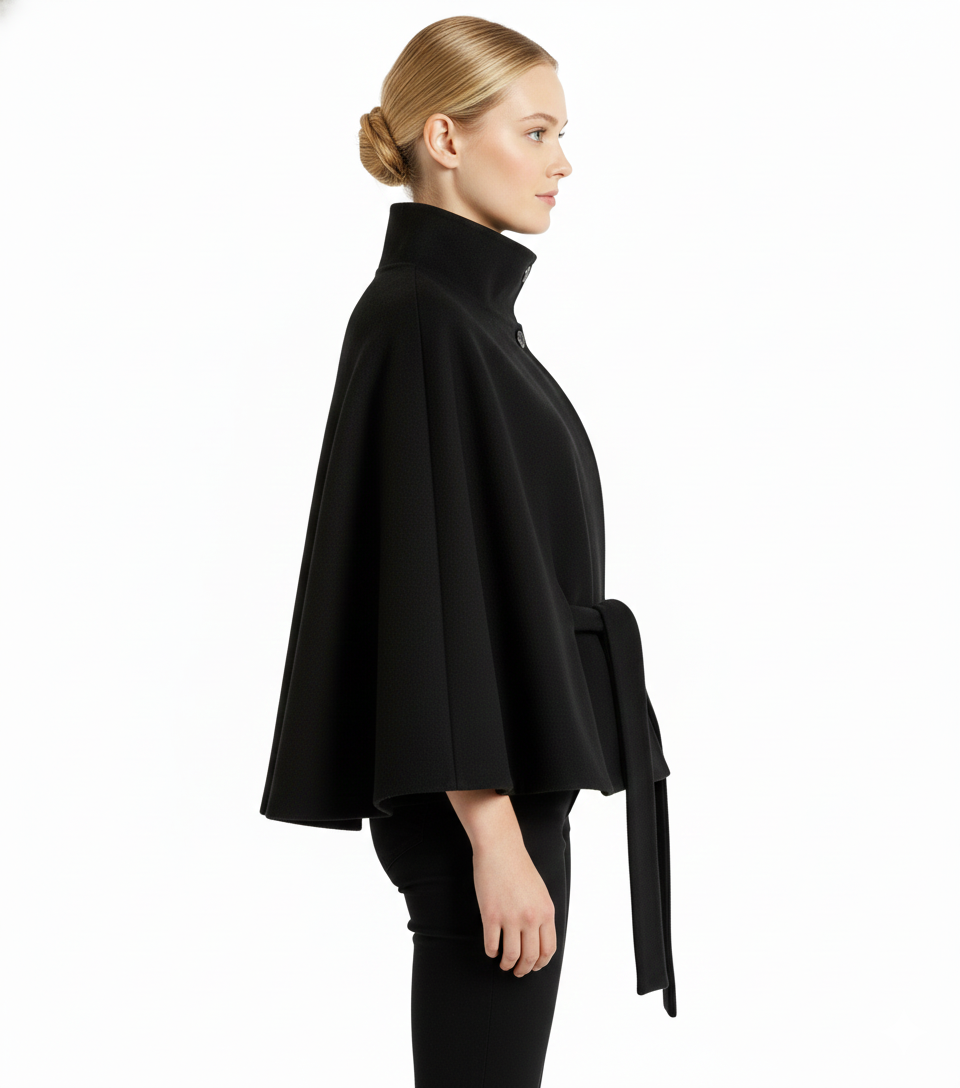 Solène Cape Femme – Cape en Laine Mélangée avec Col Montant et Ceinture Élégante