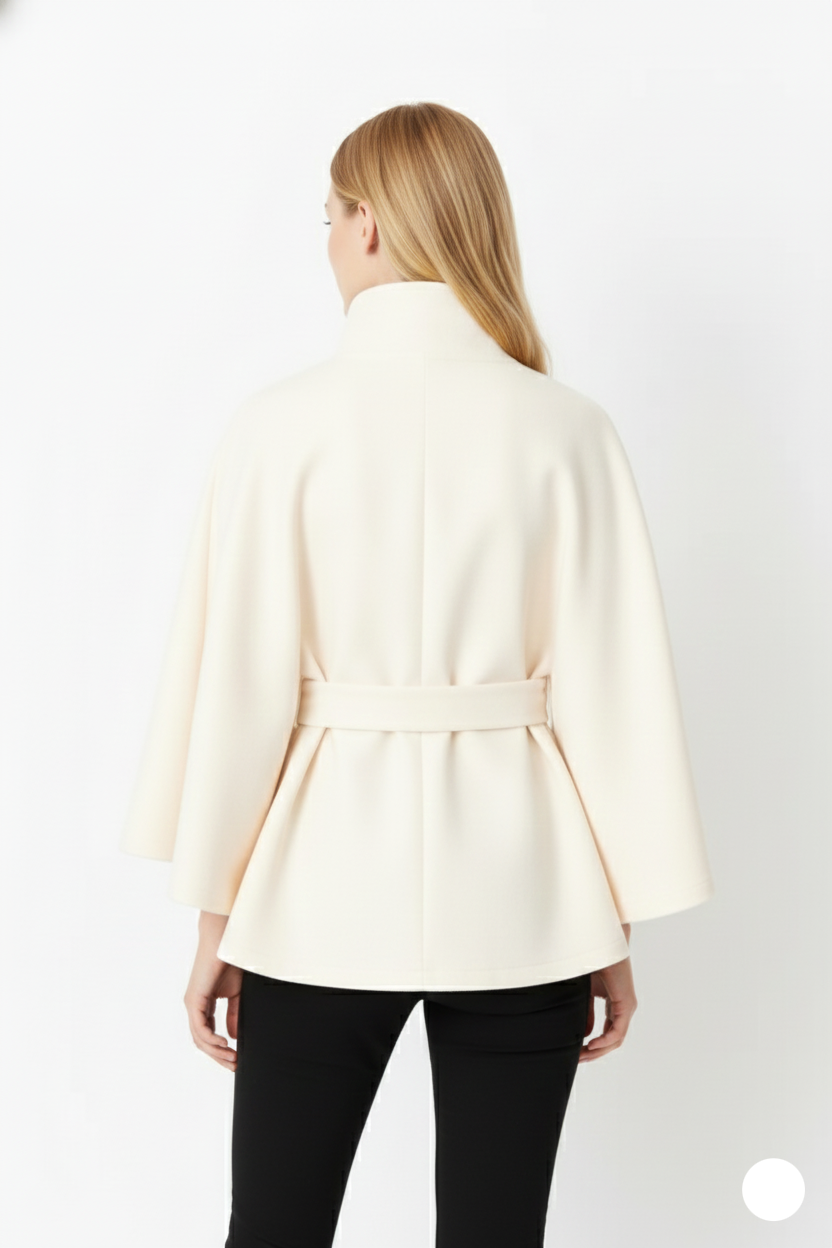 Solène Cape Femme – Cape en Laine Mélangée avec Col Montant et Ceinture Élégante