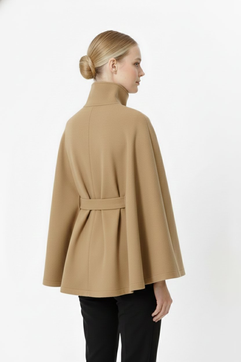 Solène Cape Femme – Cape en Laine Mélangée avec Col Montant et Ceinture Élégante