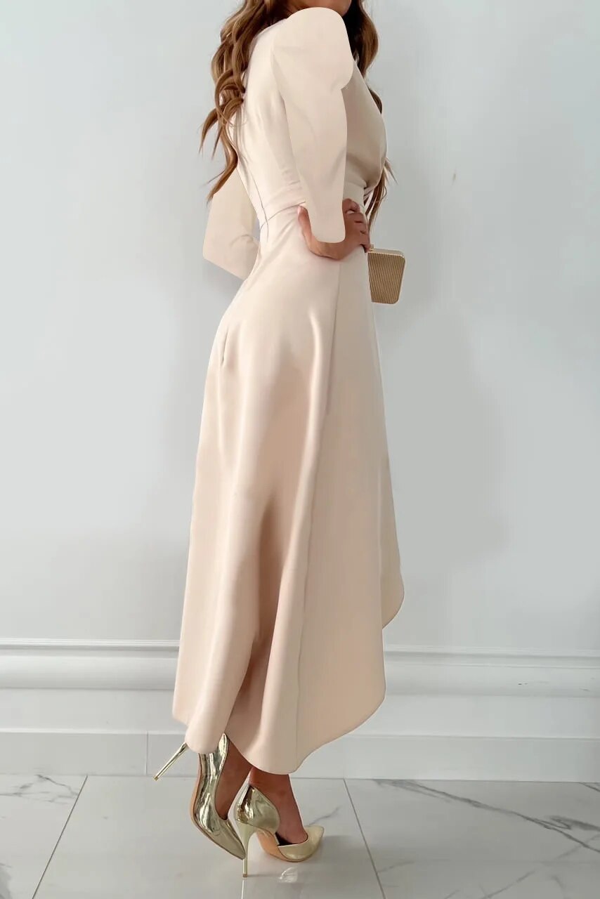 Floriane Robe Femme – Col V Élégant, Manches Longues & Coupe Ajustée Chic