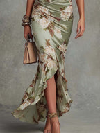 Rochelle Robe Maxi Asymétrique en Satin – Robe Fleurie Élégante à Manches Cloche Volantées