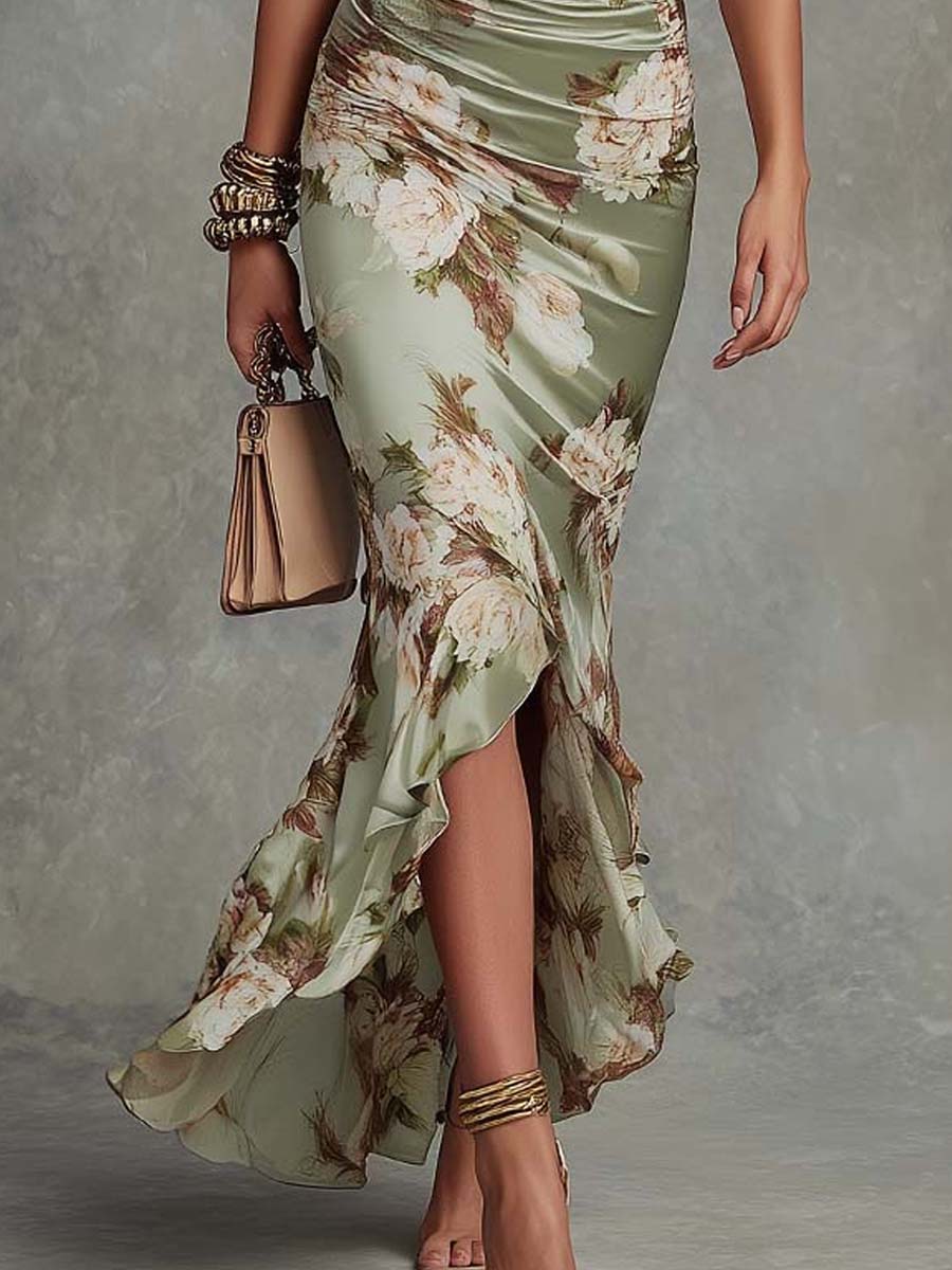 Rochelle Robe Maxi Asymétrique en Satin – Robe Fleurie Élégante à Manches Cloche Volantées