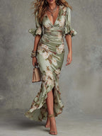 Rochelle Robe Maxi Asymétrique en Satin – Robe Fleurie Élégante à Manches Cloche Volantées
