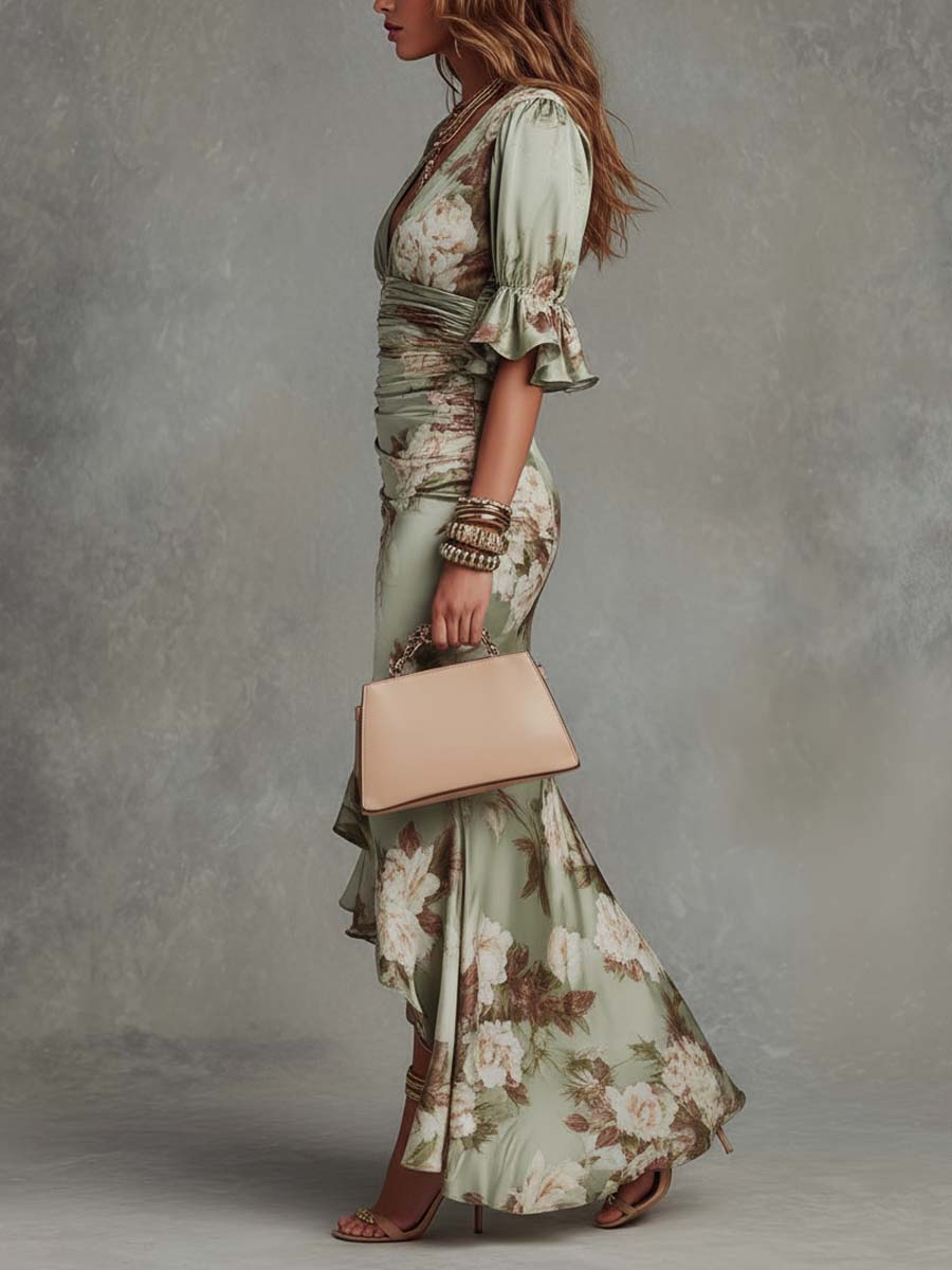 Rochelle Robe Maxi Asymétrique en Satin – Robe Fleurie Élégante à Manches Cloche Volantées