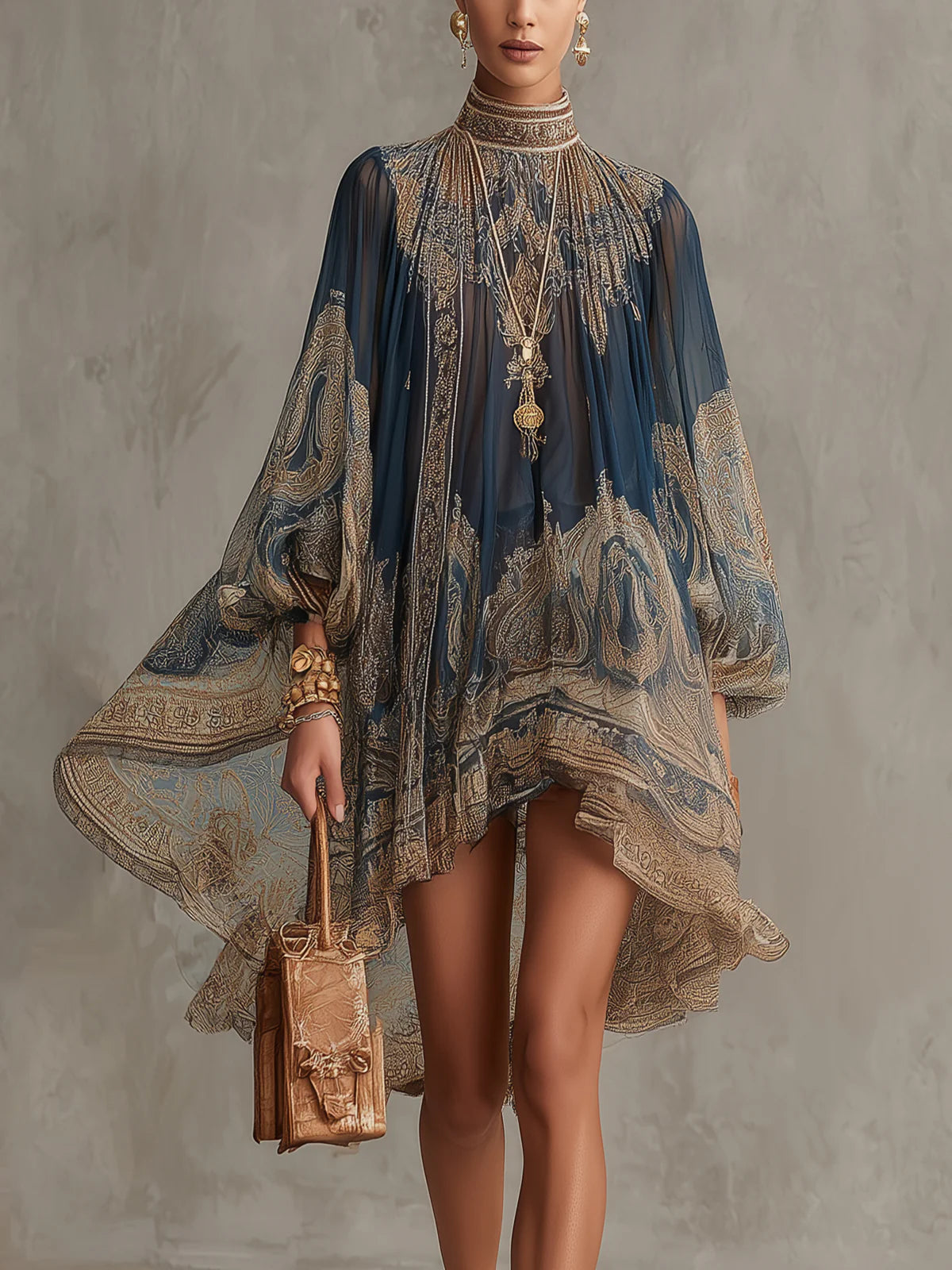 Joanna Marie Robe Mini Asymétrique en Mousseline – Robe Bleu Marine à Col Montant et Imprimé Baroque