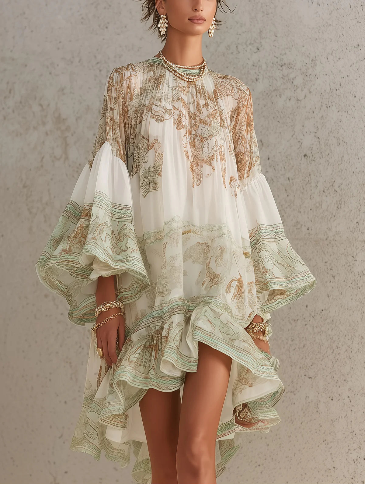 Bernadette Robe Mini en Mousseline – Robe Élégante à Volants avec Imprimé Raffiné