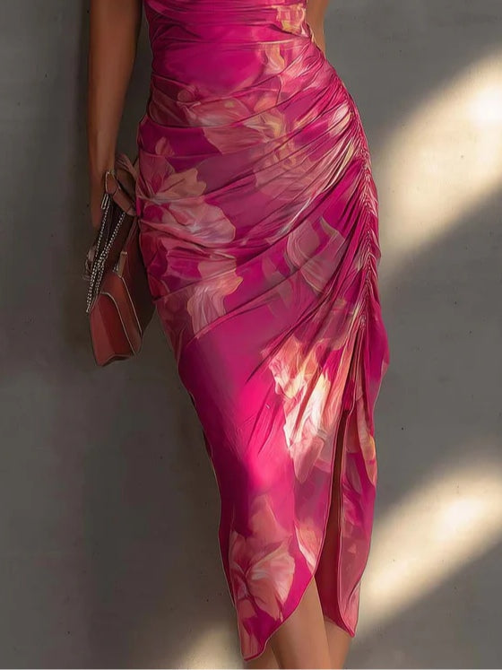 Giselle Robe Moulante Sans Manches – Robe Fleurie Fuchsia Élégante avec Fente Latérale Froncée