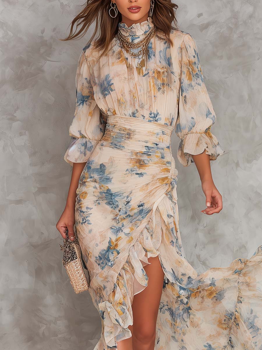 Michelle Robe Maxi en Mousseline – Robe Fleurie Élégante à Col Montant