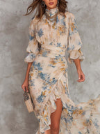 Michelle Robe Maxi en Mousseline – Robe Fleurie Élégante à Col Montant