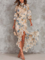Michelle Robe Maxi en Mousseline – Robe Fleurie Élégante à Col Montant