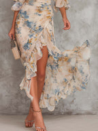 Michelle Robe Maxi en Mousseline – Robe Fleurie Élégante à Col Montant