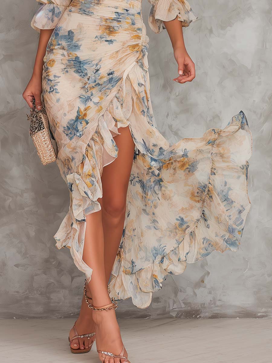 Michelle Robe Maxi en Mousseline – Robe Fleurie Élégante à Col Montant