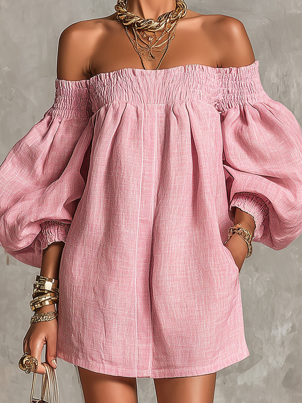 Patricia Mae Robe Mini Épaules Dénudées – Robe Évasée à Manches Ballon Rose