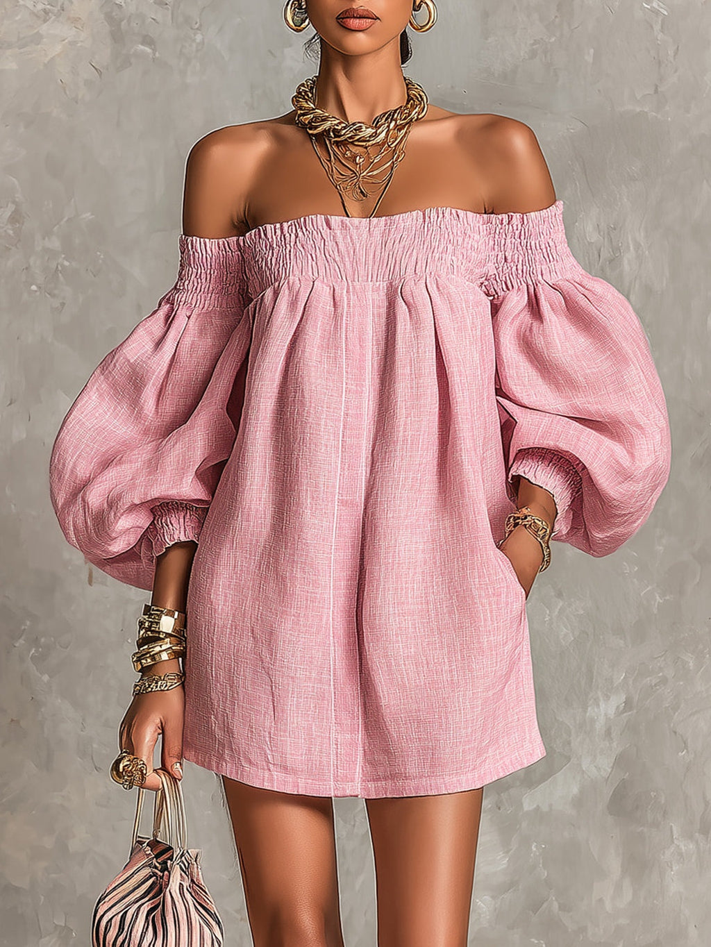 Patricia Mae Robe Mini Épaules Dénudées – Robe Évasée à Manches Ballon Rose