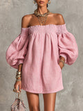 Patricia Mae Robe Mini Épaules Dénudées – Robe Évasée à Manches Ballon Rose