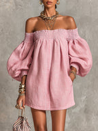 Patricia Mae Robe Mini Épaules Dénudées – Robe Évasée à Manches Ballon Rose