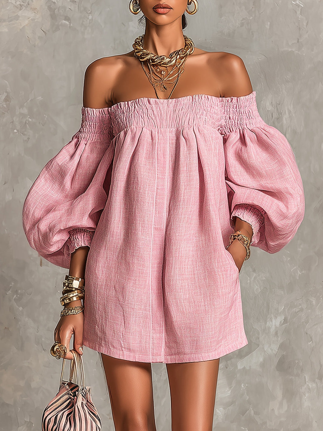 Patricia Mae Robe Mini Épaules Dénudées – Robe Évasée à Manches Ballon Rose