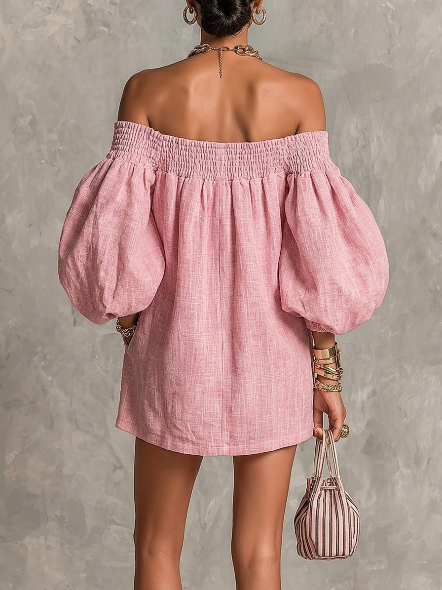 Patricia Mae Robe Mini Épaules Dénudées – Robe Évasée à Manches Ballon Rose