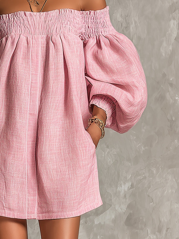 Patricia Mae Robe Mini Épaules Dénudées – Robe Évasée à Manches Ballon Rose