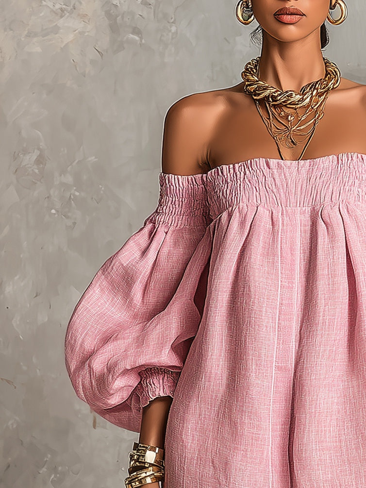 Patricia Mae Robe Mini Épaules Dénudées – Robe Évasée à Manches Ballon Rose