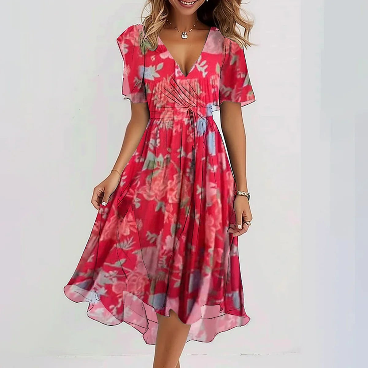 Marielle Robe Fleurie Femme – Robe Midi à Col V avec Taille Marquée et Coupe Fluide