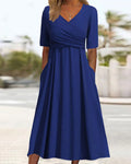 Marley Robe Midi Femme – Robe Trapèze en Coton avec Col en V, Plis et Poches pour Toutes les Occasions