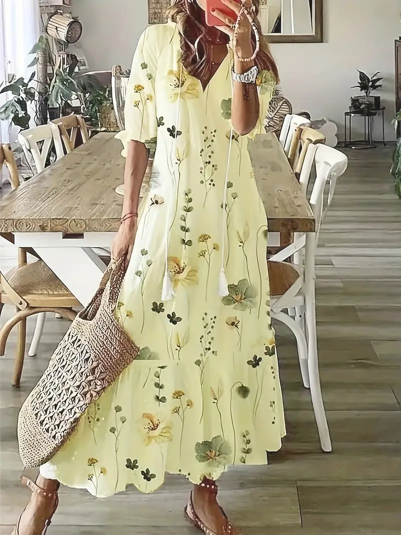 Madison Robe Bohème Femme – Robe Maxi à Col V, Motif Ikat & Coupe Fluide