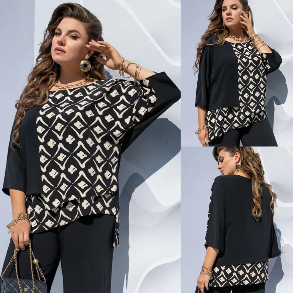 Clémence Blouse à Imprimé Graphique Color Block et Effet Superposé Élégant