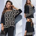 Clémence Blouse à Imprimé Graphique Color Block et Effet Superposé Élégant