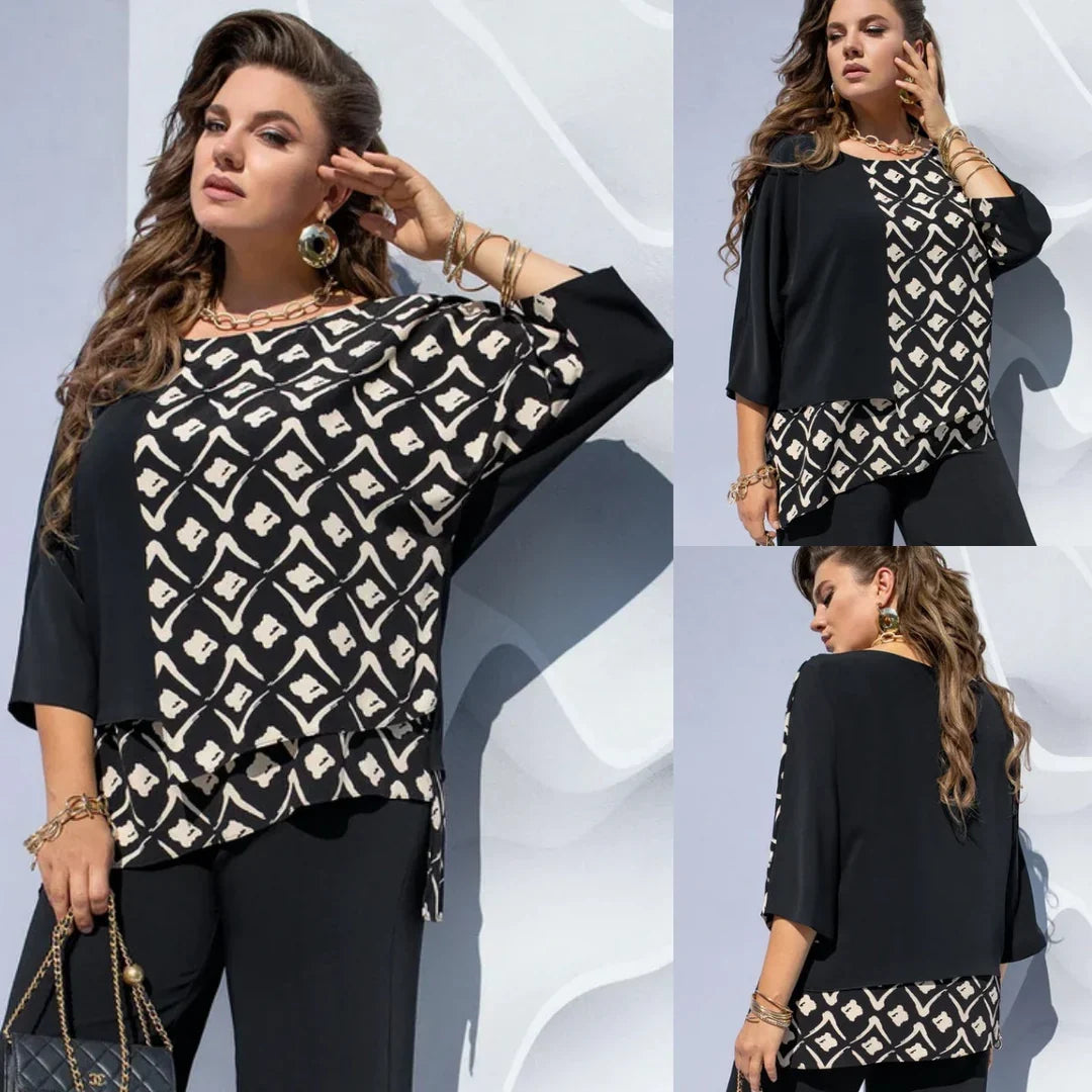 Clémence Blouse à Imprimé Graphique Color Block et Effet Superposé Élégant