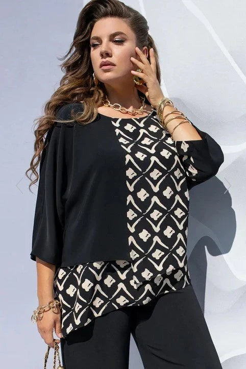 Clémence Blouse à Imprimé Graphique Color Block et Effet Superposé Élégant