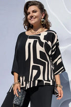 Clémence Blouse à Imprimé Graphique Color Block et Effet Superposé Élégant