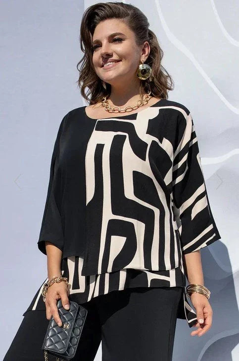 Clémence Blouse à Imprimé Graphique Color Block et Effet Superposé Élégant