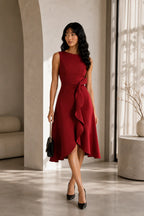 Noémie Robe Midi Femme Asymétrique Sans Manches à Taille Volantée Élégante