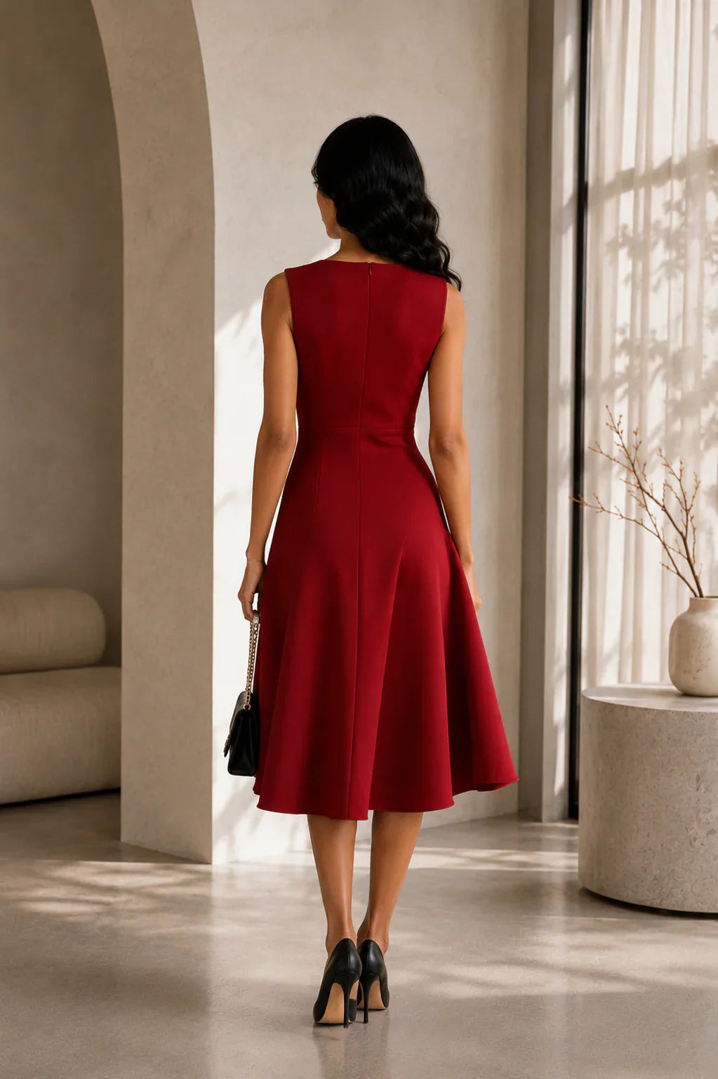 Noémie Robe Midi Femme Asymétrique Sans Manches à Taille Volantée Élégante