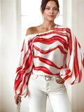 Ysaline Blouse Asymétrique Femme – Haut Élégant à Une Épaule avec Manches Ballon et Motif Ondulé