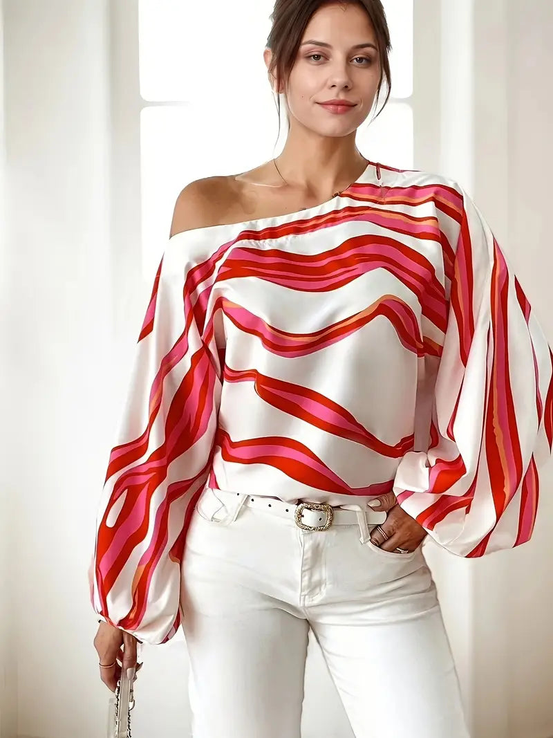 Ysaline Blouse Asymétrique Femme – Haut Élégant à Une Épaule avec Manches Ballon et Motif Ondulé