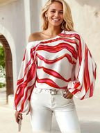 Ysaline Blouse Asymétrique Femme – Haut Élégant à Une Épaule avec Manches Ballon et Motif Ondulé