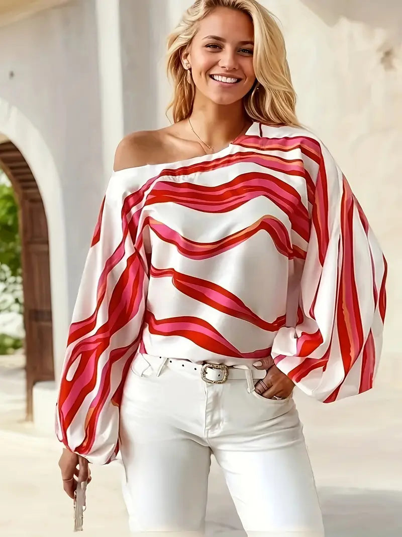 Ysaline Blouse Asymétrique Femme – Haut Élégant à Une Épaule avec Manches Ballon et Motif Ondulé