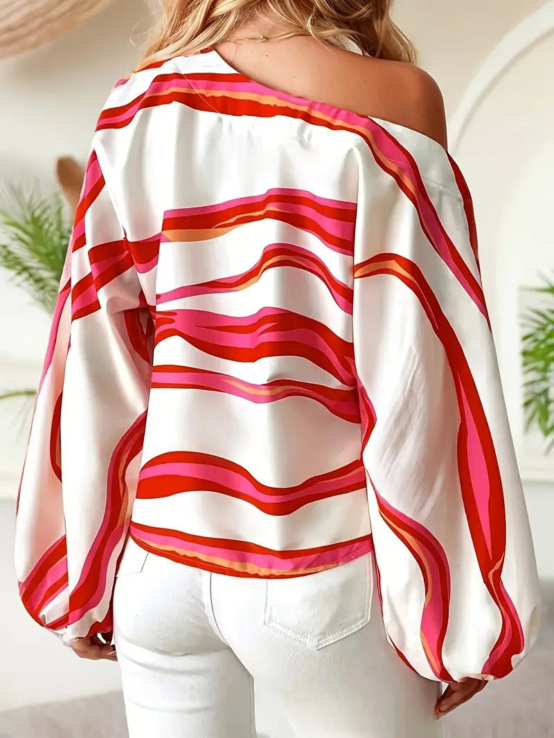 Ysaline Blouse Asymétrique Femme – Haut Élégant à Une Épaule avec Manches Ballon et Motif Ondulé